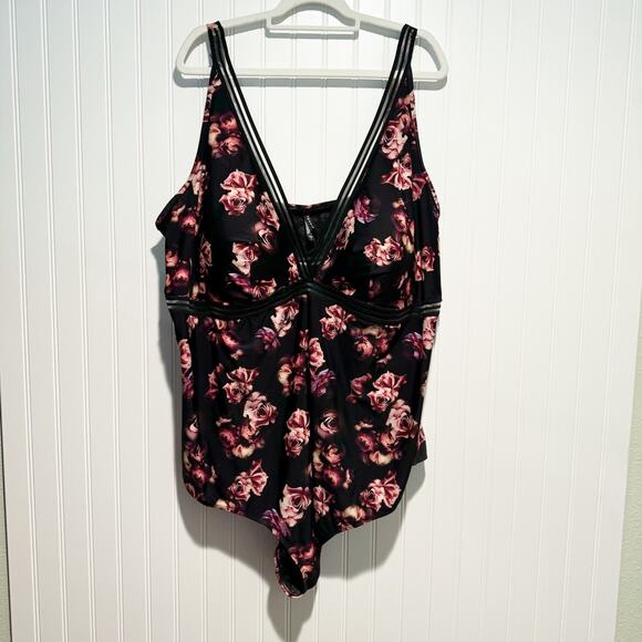 Torrid Black Floral One Piece Swimsuit Mesh Trim Plus Size 6X - Picture 2 of 8